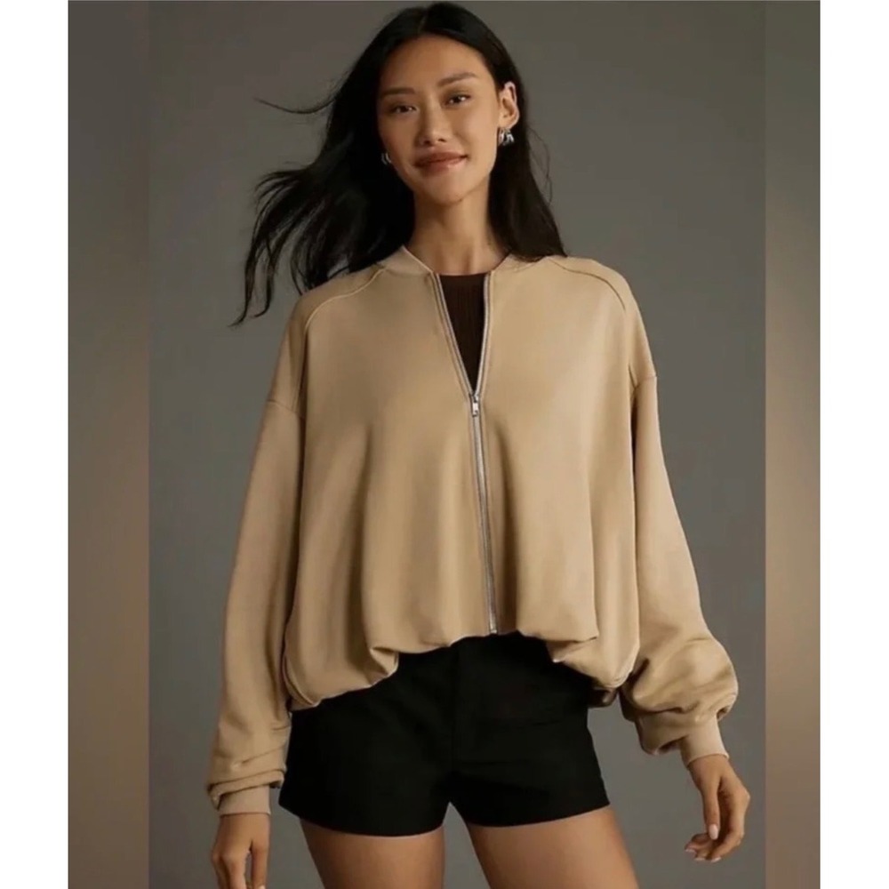 Pilcro L/XL Oversized Balloon Sleeve Zip Bomber Jacket Tan Quiet Luxu